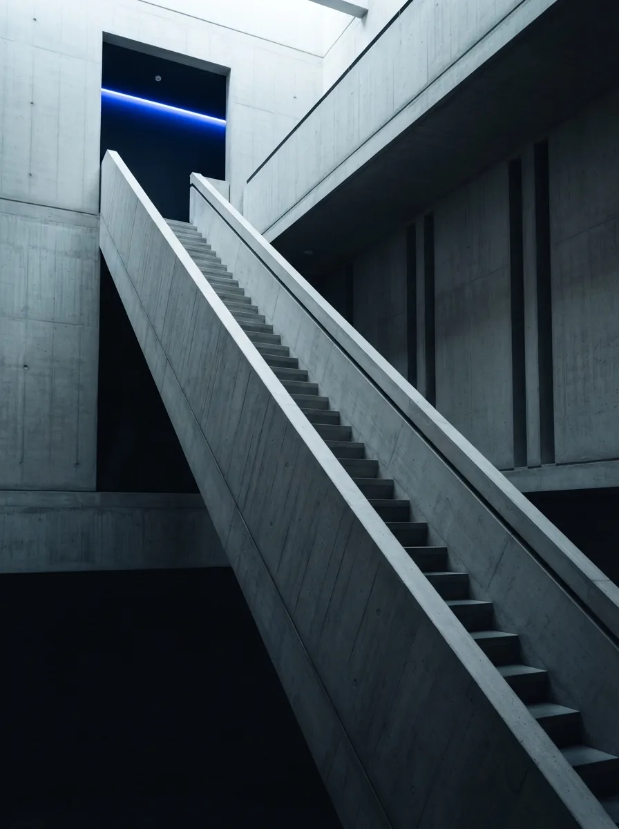 A modernist concrete stair ascending into cool light with a blue seam.