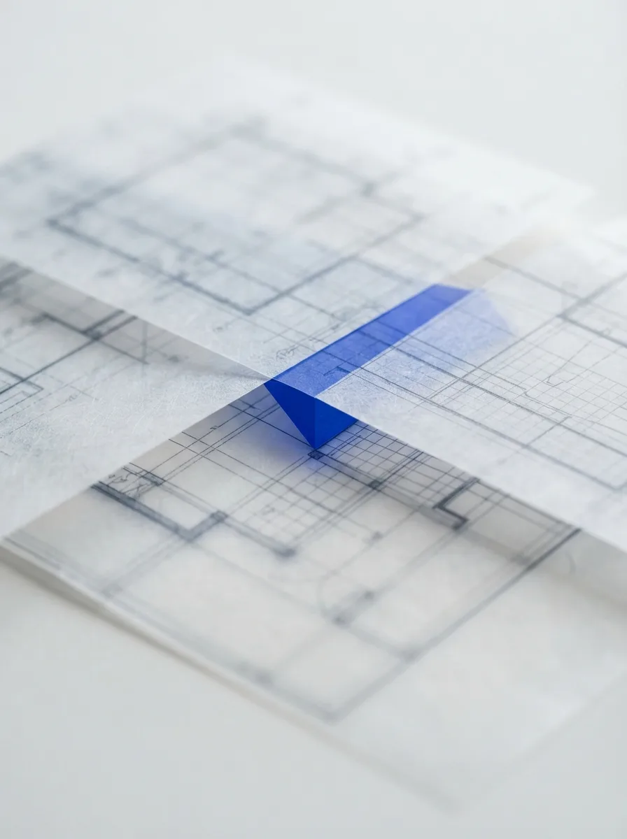 Overlapping translucent technical drawings catching cool light.